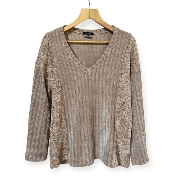 Miss Me Sweaters - Miss Me Taupe / Dusty Rose Soft Knit Chenille V-Neck Oversized Sweater, Small